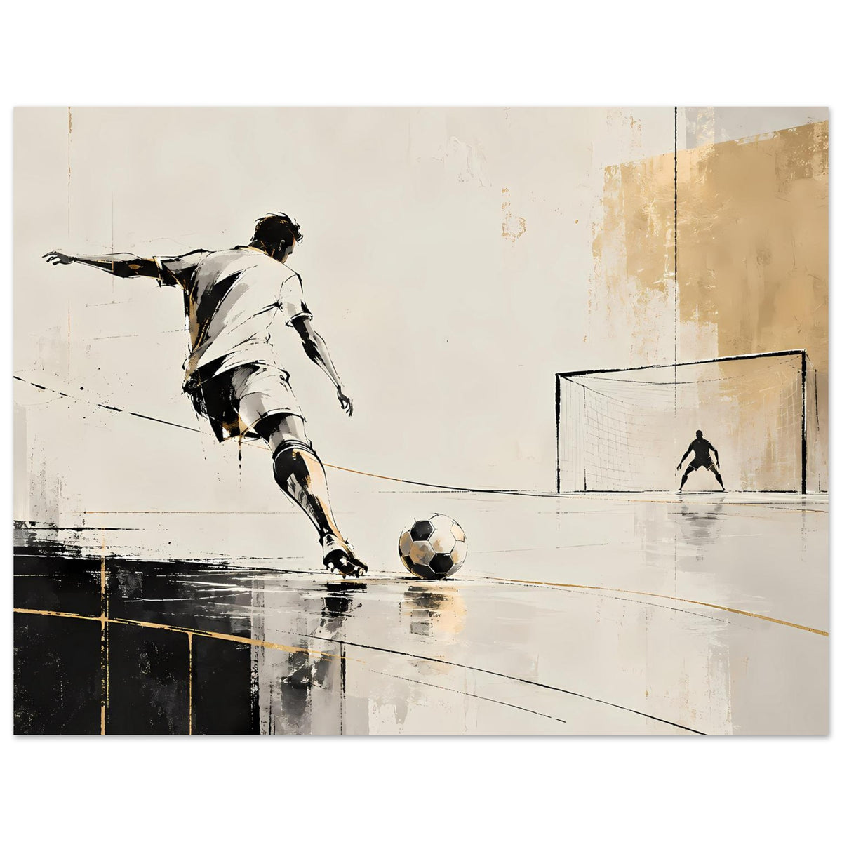 Fußballposter im Querformat: Spieler dribbelt, Ball nahe am Boden, Tor rechts