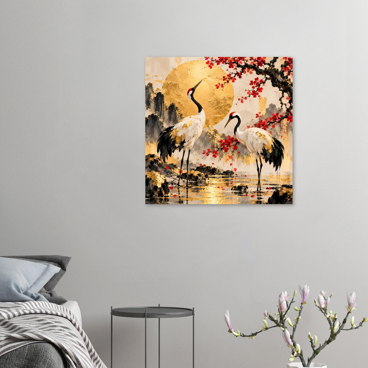 Kleines quadratisches Poster mit Kranichen und Kirschblüten, goldener Kreis im Motiv