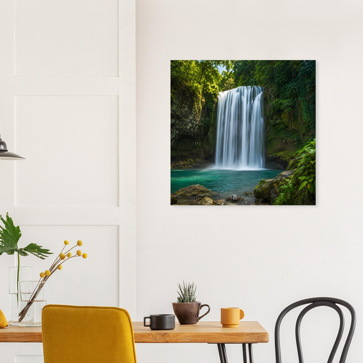 Quadratisches Poster mit Wasserfall im Wald und dichtem Grün entlang des Ufers