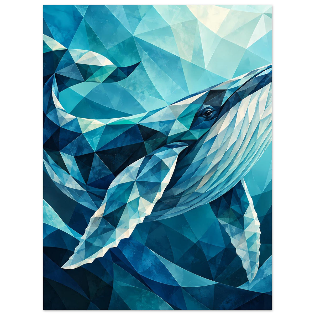 Geometrisches Blauwal-Poster mit ruhigem Walprofil, Blauverlauf und facettierte Muster