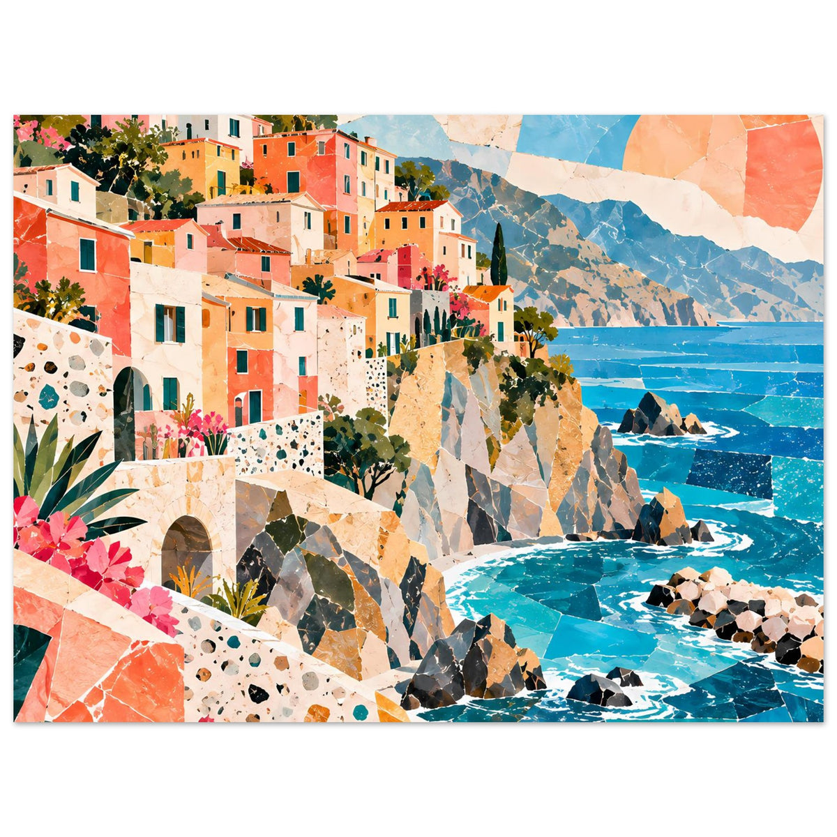 Horizontales Wandposter mit Küstendorf, bunten Fassaden, Klippen, türkisblauem Meer und Wellen