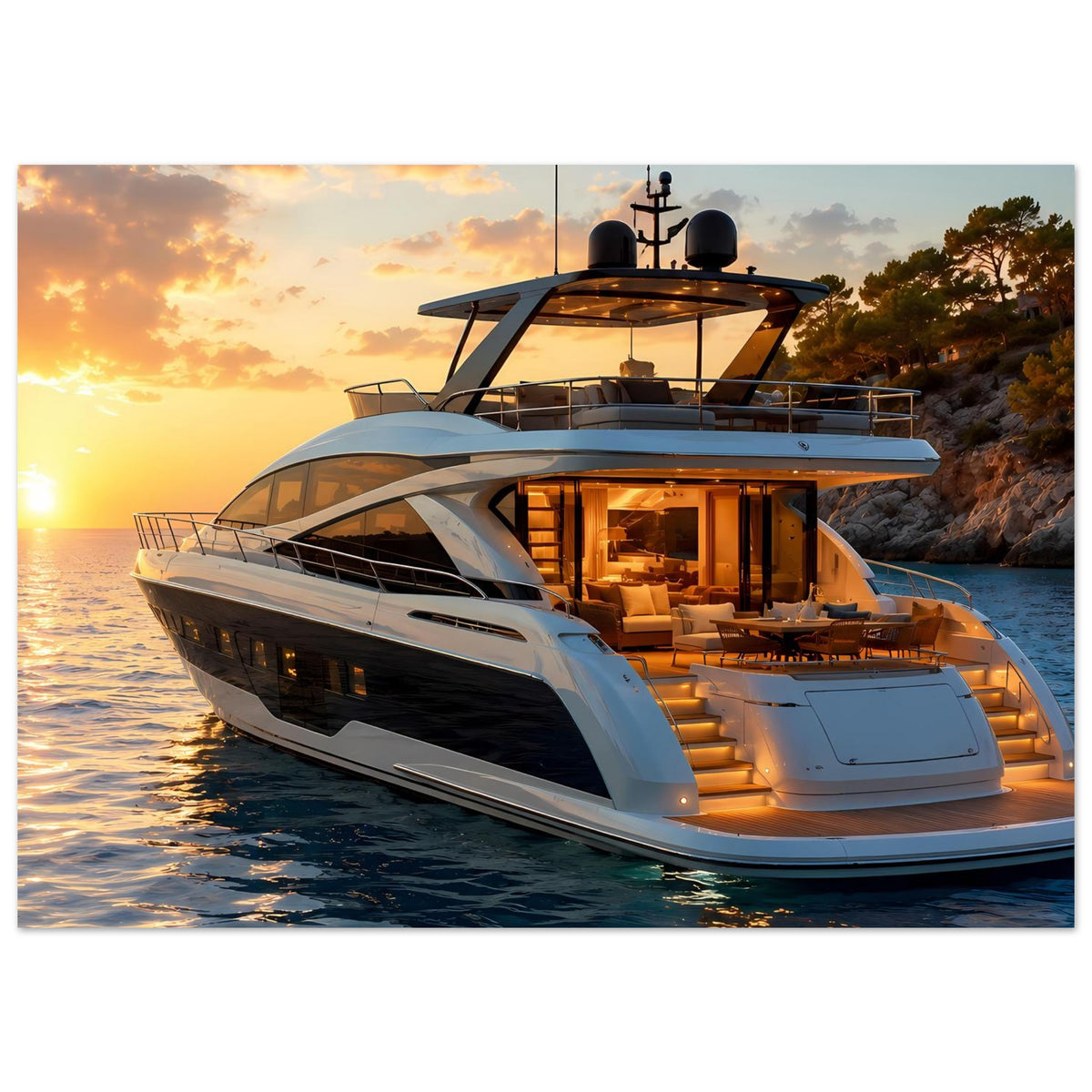 Yacht-Sonnenuntergangsposter: Motoryacht mit beleuchteten Sitzbereichen am Heck