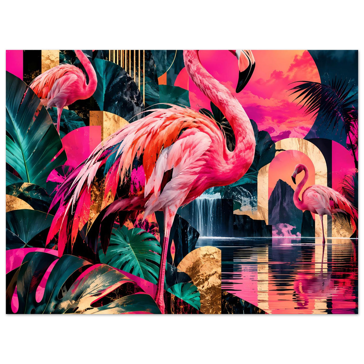 Nahes Querformat-Poster: rosa Flamingos, Palmenblätter und goldenes Motivdetail im Vordergrund