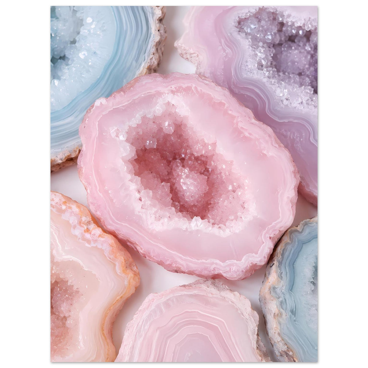 Poster mit großen pinken Kristallgeoden und lila-rosa Gesteinsadern im Pastellfarbton