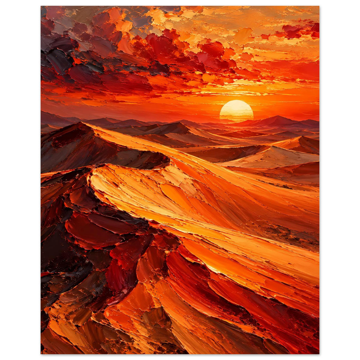 Hochformat-Poster: Wüstenlandschaft im Sonnenuntergang, orange Sonne über roten Dünen