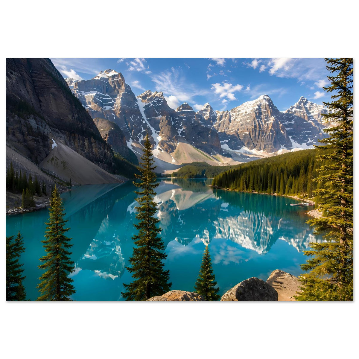 Horizontales Poster mit Bergsee: türkisblaues Wasser, Tannen und verschneite Gipfel