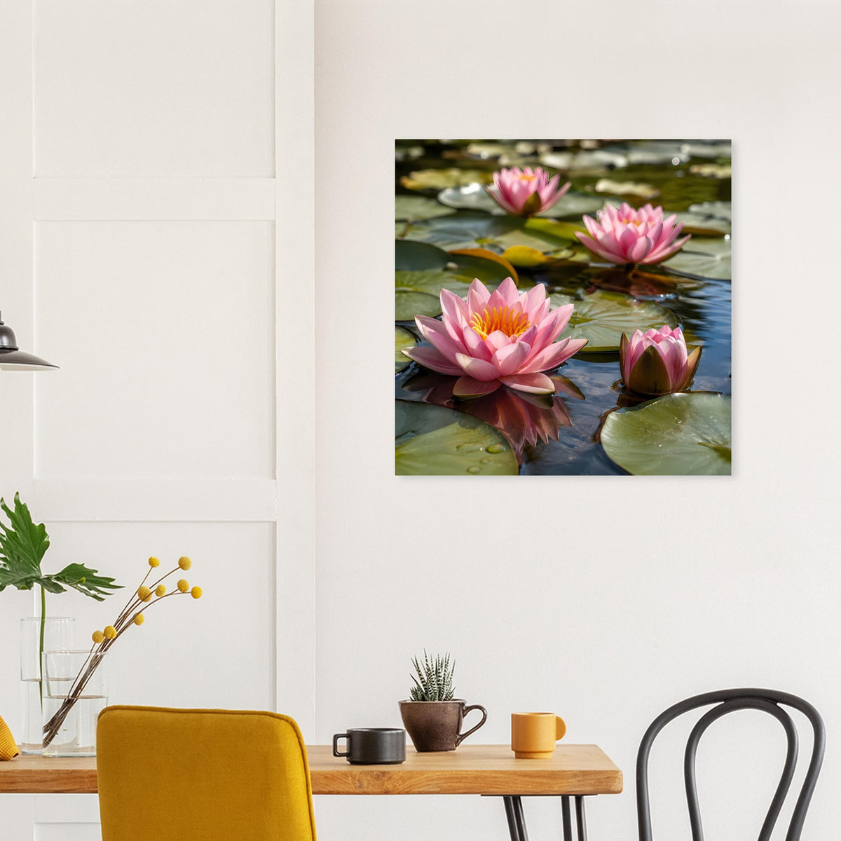 Quadratisches Poster mit pinken Seerosen und Wasseroberfläche, dunkler Rahmen