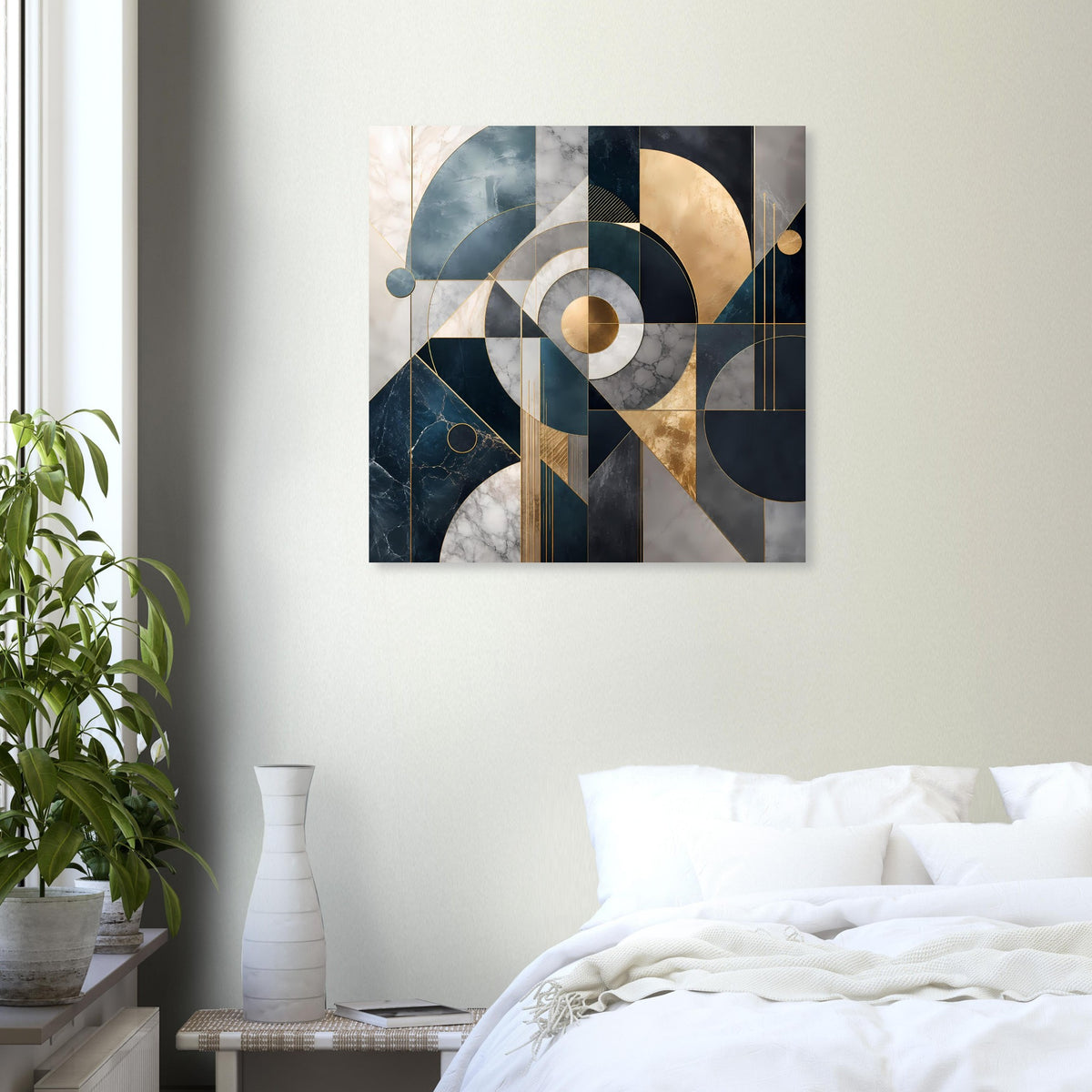 Abstraktes Poster mit geometrischen Formen und Kreisen in Blau-, Grau- und Goldtönen