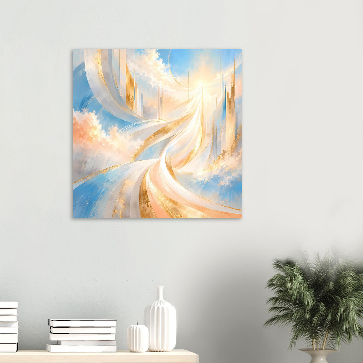 Kleines abstraktes Poster mit goldweißen Schleifen und blauen Tönen, quer