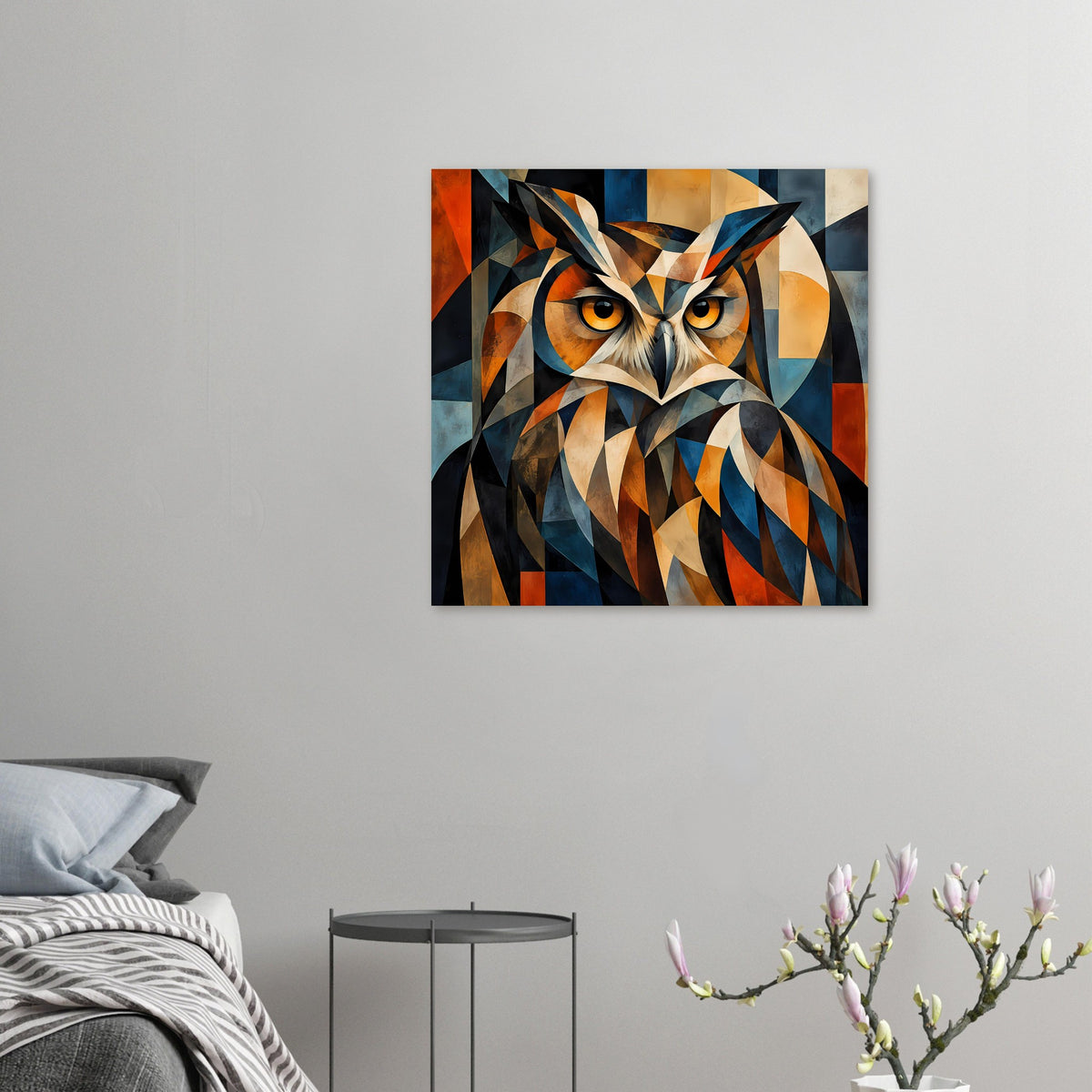 Quadratisches Wandposter mit geometrischer Eule, gelbe Augen, bunte Dreiecksflächen und Federn