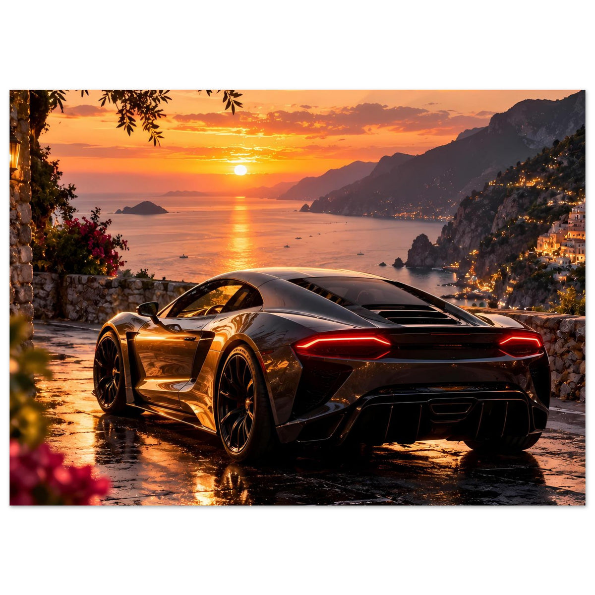 Poster mit Luxus-Sportwagen beim Sonnenuntergang, breites Panorama, rote Rücklichter auf Nassboden