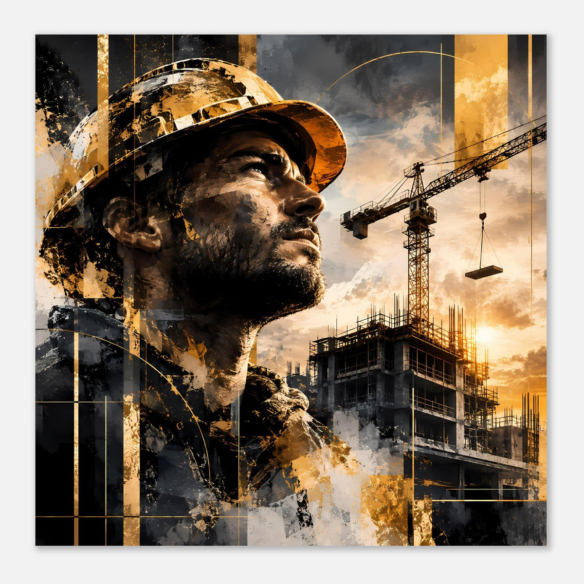 Poster mit Bauarbeiterkopf und Schutzhelm, goldene Farbakzente, Baukräne und Gerüst