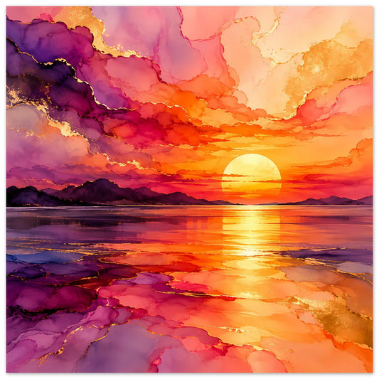 Wandposter mit Sonnenuntergang in Violett, Orange und Gold, Sonne über See und Wolken