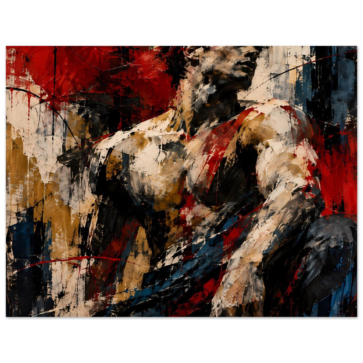 Abstraktes Muskelkunst-Poster: Torso-Illustration mit Farbwirbeln in Rot, Schwarz, Beige und Blau