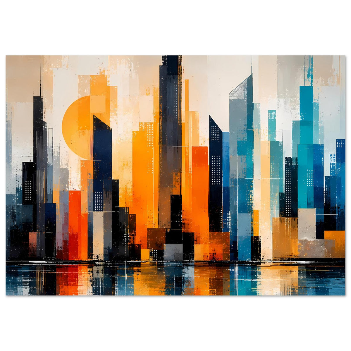 Abstraktes Skyline-Stadtposter mit orange- und türkisfarbenen Hochhäusern und Wasserlinie
