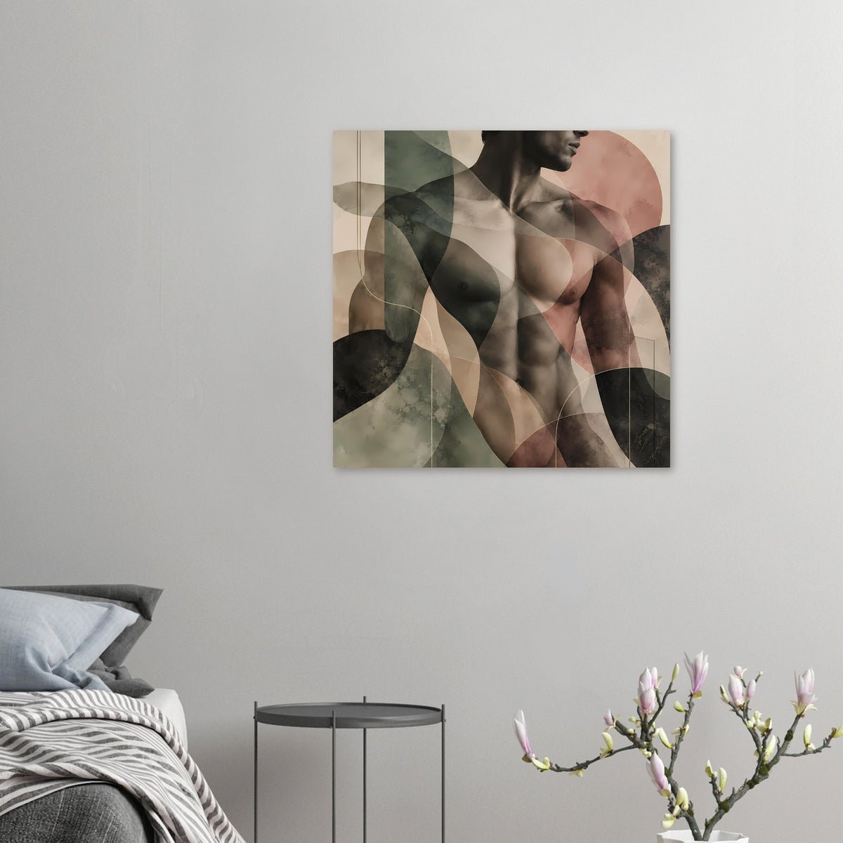 Kleiner gerahmter Kunstdruck mit abstraktem männlichem Akt in sanften Erdtönen