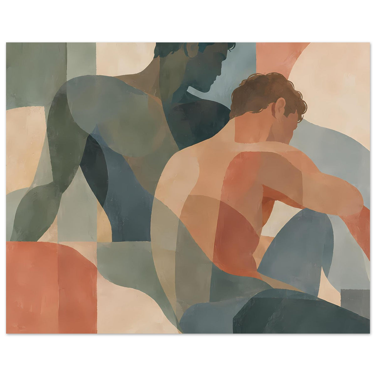 Kunstdruck: abstrakte zwei Figuren in warmen Erdtönen, Blick von der Seite, querformat