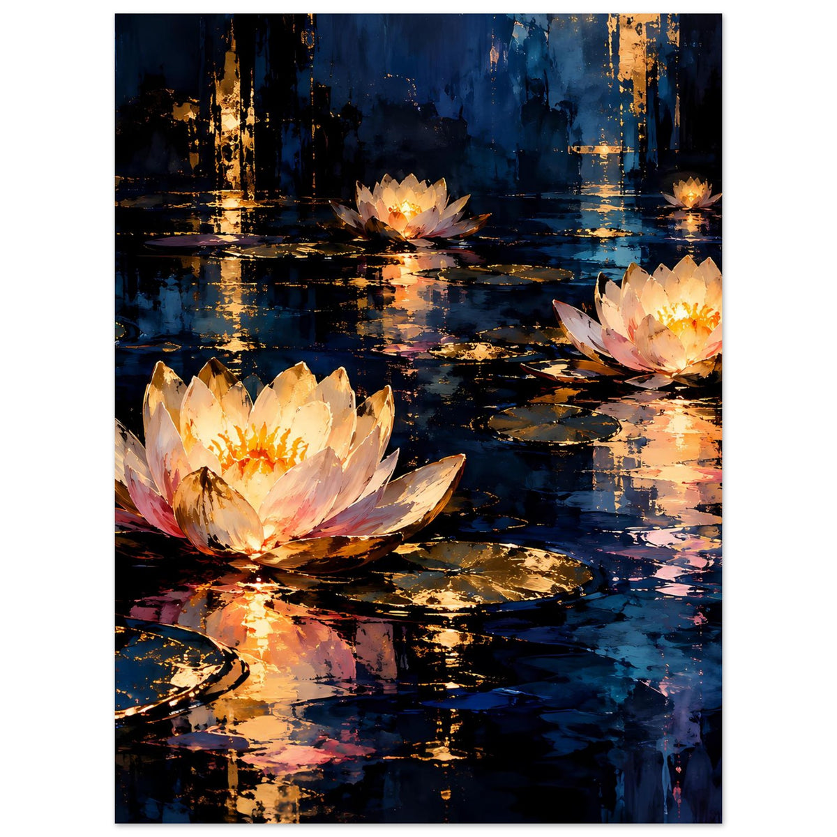 Blumenposter mit leuchtender Seerose vorn und goldenen Lichtern auf Tiefblau
