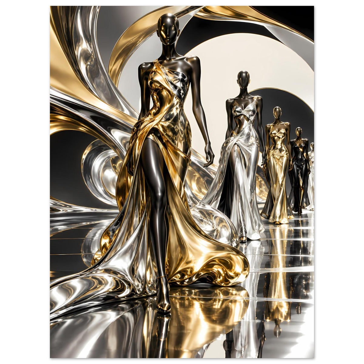 Poster: Serie metallischer Figuren in Gold, Silber und Schwarz, Spiegelung auf glänzendem Boden