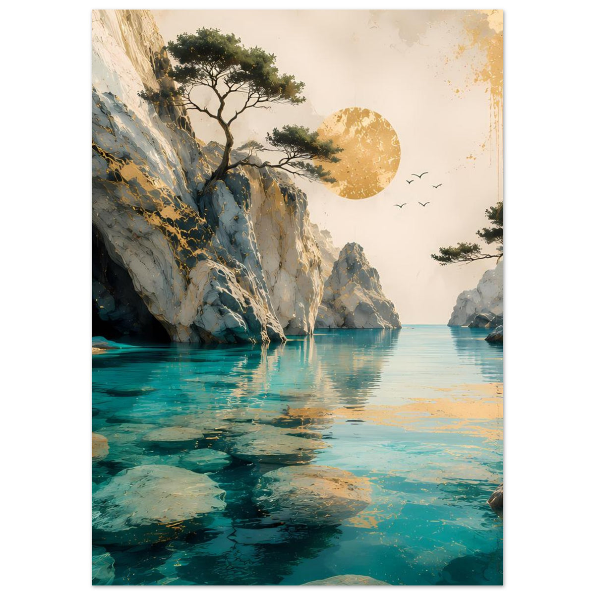 Hochformatiges Poster: Küstenfelsen und türkisfarbenes Wasser mit goldener Scheibe am Himmel.