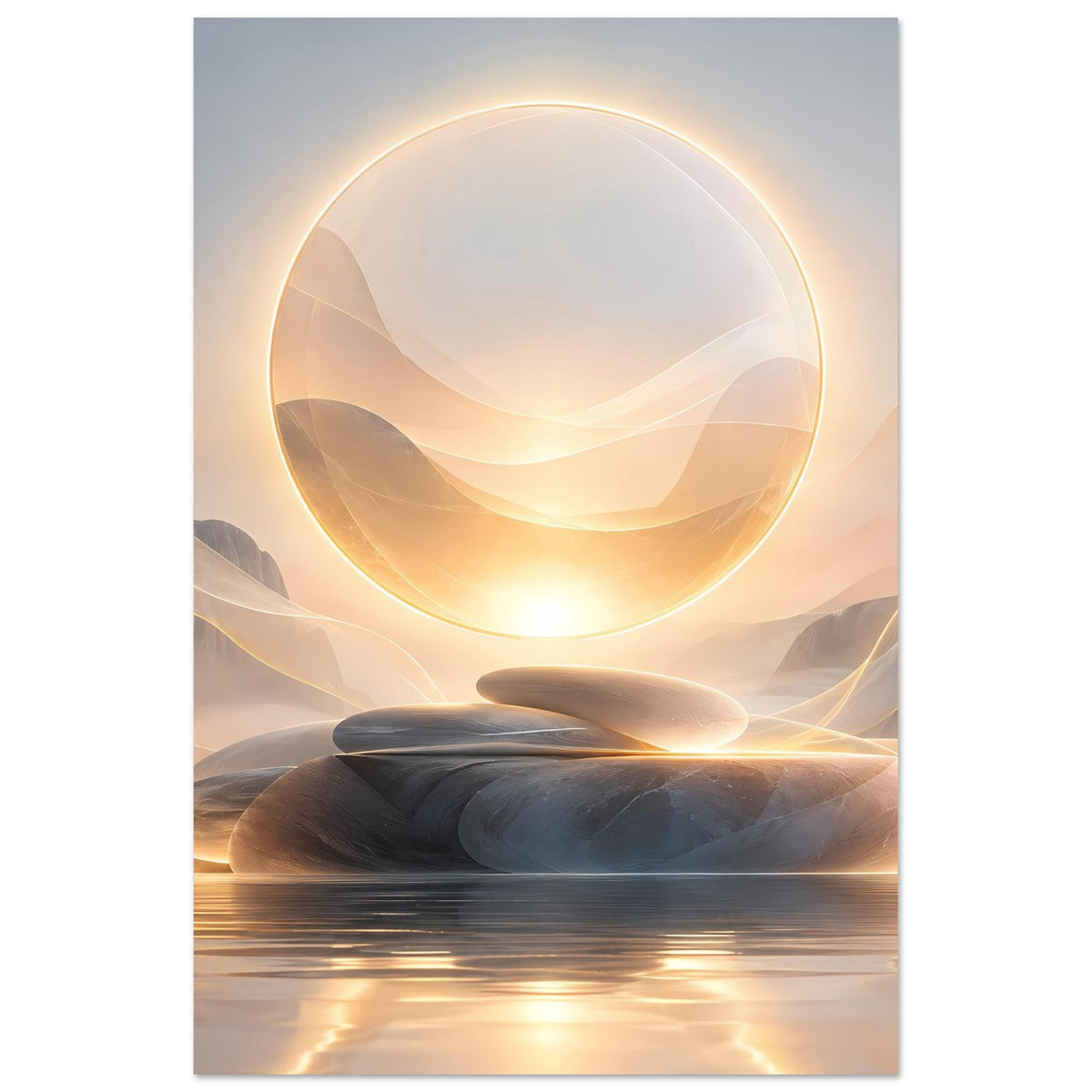 Kunstposter mit goldfarbenem Kreisring über Felsbrocken, Wellenlinien und Wasserreflexen