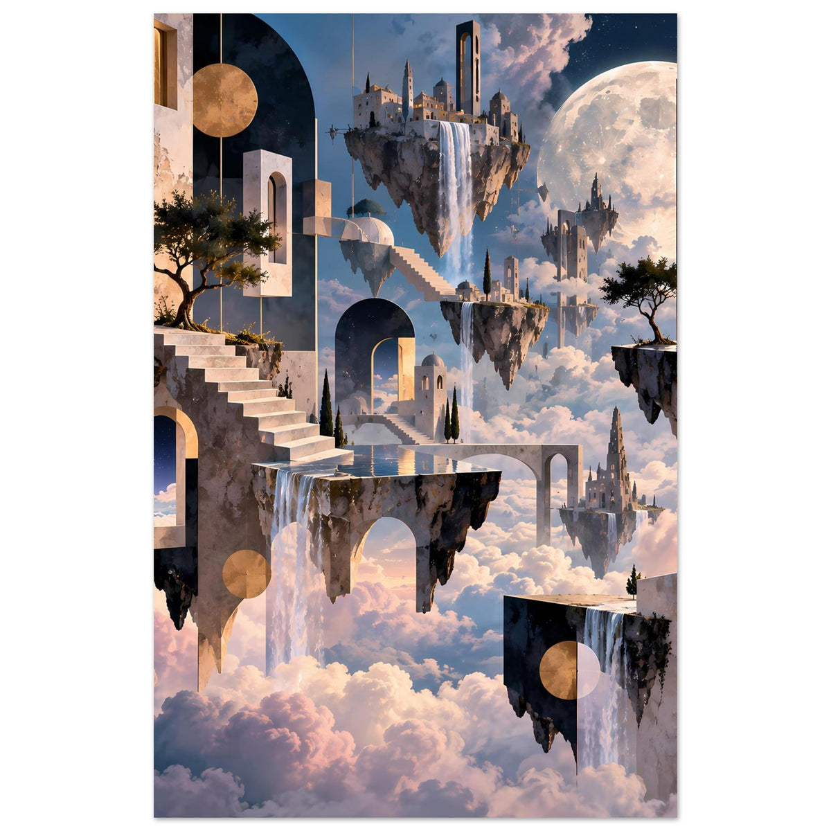 Surrealer Poster-Print mit schwebenden Felsinseln, Bögen und Architektur über Wolken