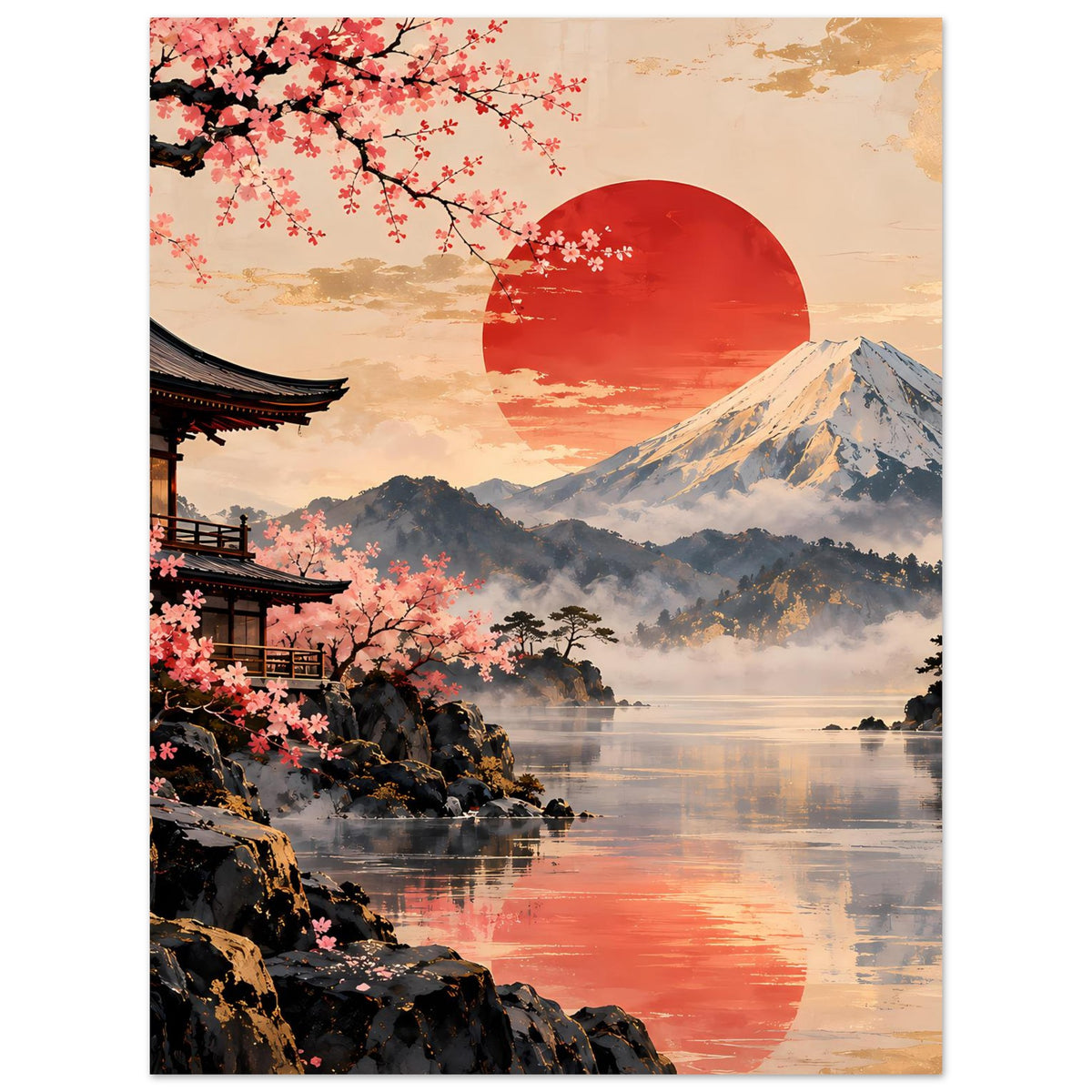 Hochformat-Poster mit Kirschblüten, Tempel links, Berglandschaft und See mit heller Spiegelung