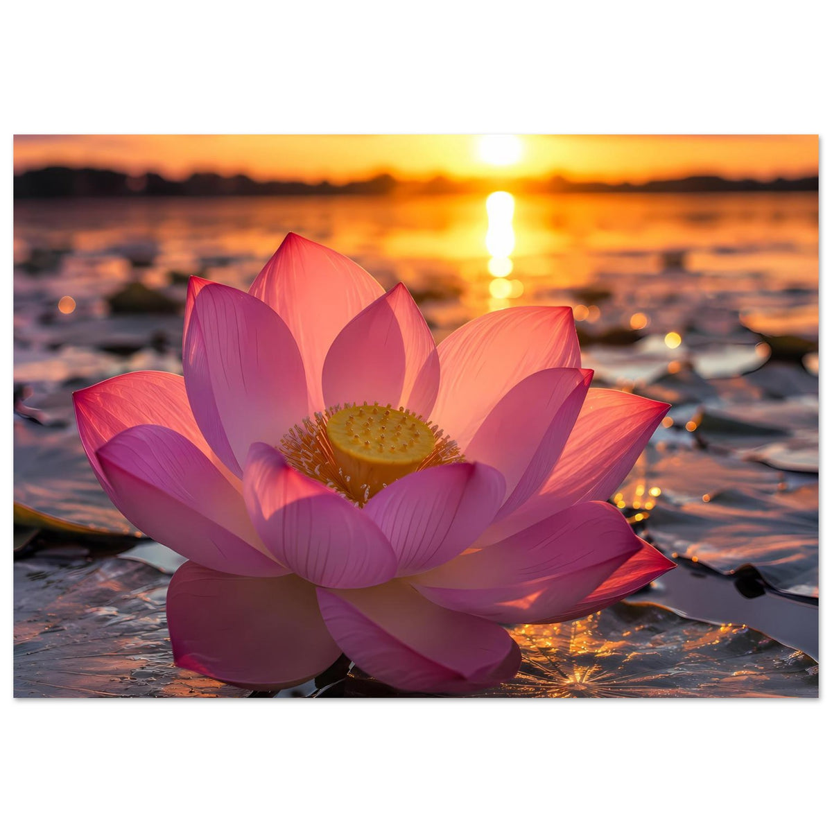 Hochkant-Poster mit Lotusblüte in Pink/Violett und goldener Abendstimmung am Wasser