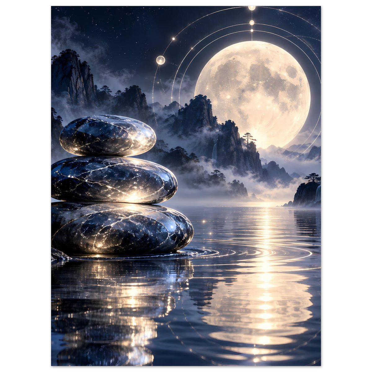 Poster mit Zen-Steinen links, Vollmond rechts und leuchtenden Kreisen über See