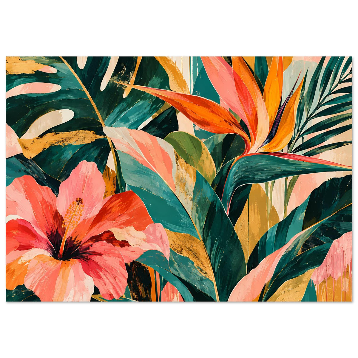 Florales Kunstposter mit Tropenblüten und bunten Blättern in Orange, Grün und Rosa