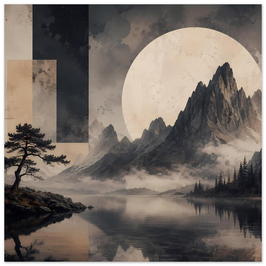 Zen-Poster mit Bergsee, Vollmond, schroffen Bergen, Kiefer und spiegelnder Wasserfläche