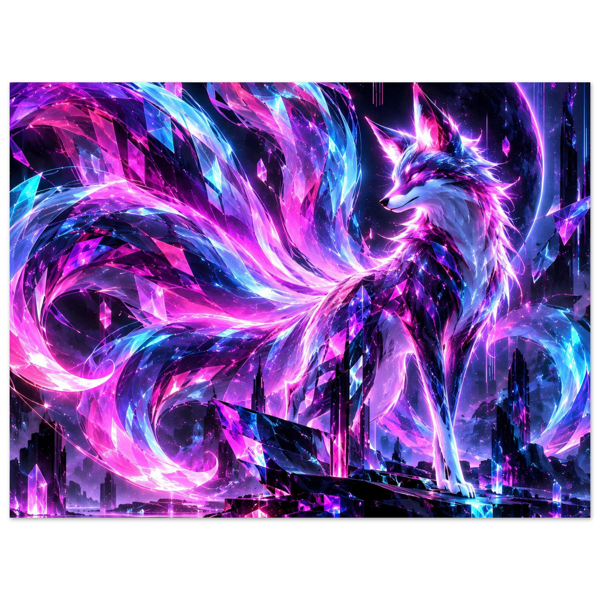 Leuchtendes Neon-Fuchs-Fantasy-Poster, horizontales Motiv: Fuchs, funkelnde Kristall-Optik und Himmelssilhouette