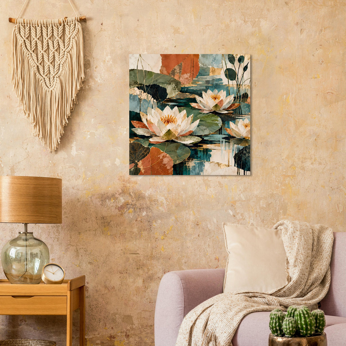 Quadratisches botanisches Poster mit Seerosenblüten und Blättern, Beige-Grün-Blau-Orange
