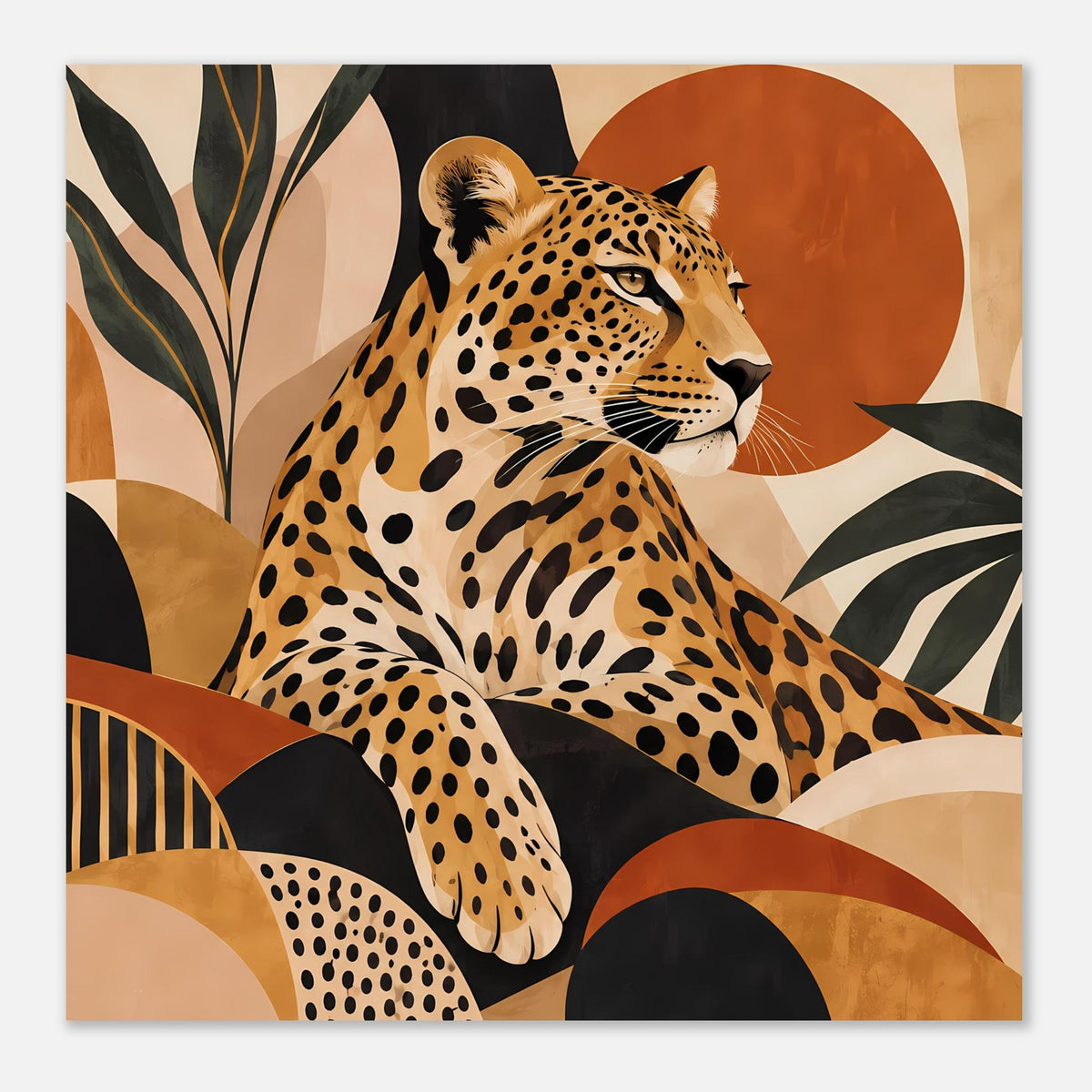 Boho-Tierposter mit Leopardenpose, braun-schwarz geflecktem Fell und abstrakten Pflanzen-Elementen