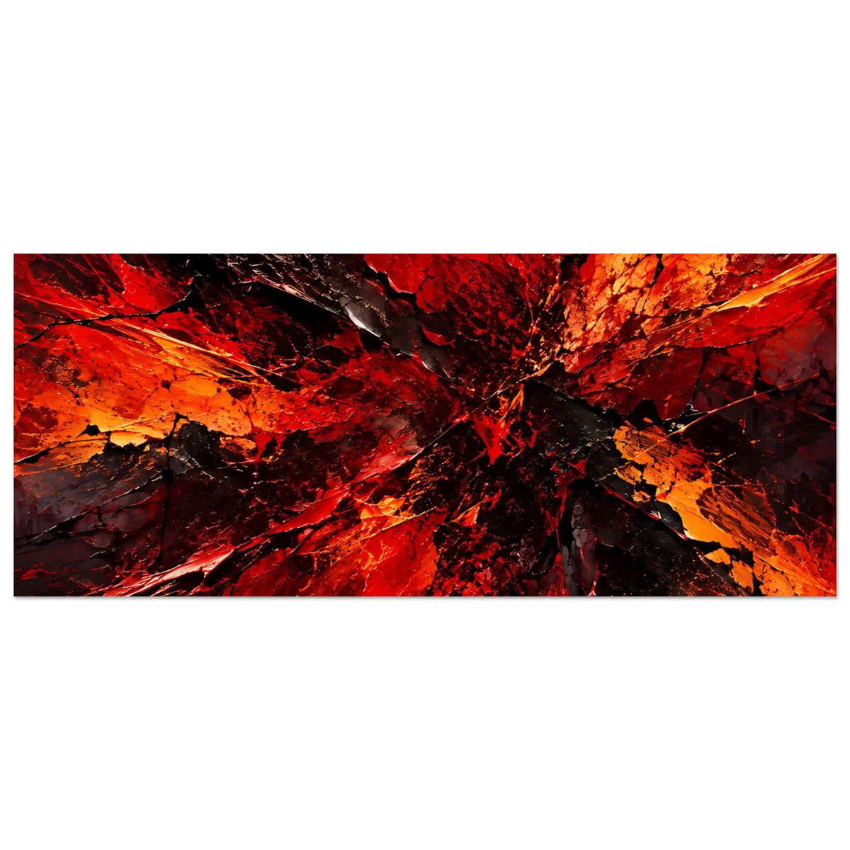 Abstraktes Kunstposter mit breitem Feuerstrahl-Muster in Rot, Orange und Schwarz, horizontal