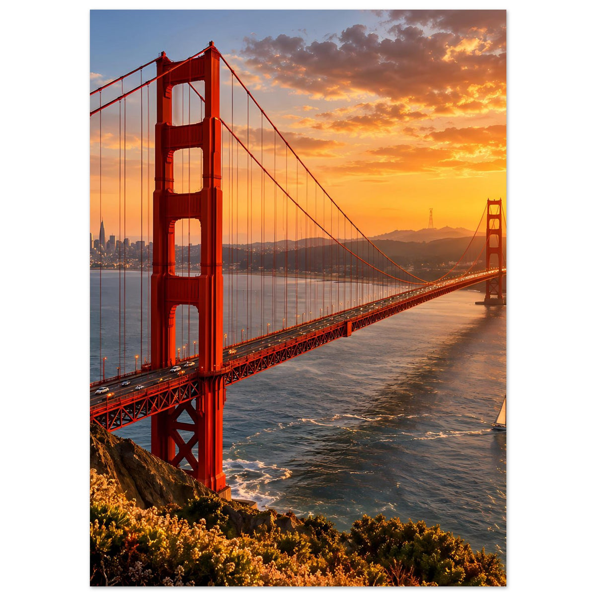 Poster mit roter Hängebrücke bei Sonnenuntergang, vertikale Darstellung mit gelbem Licht