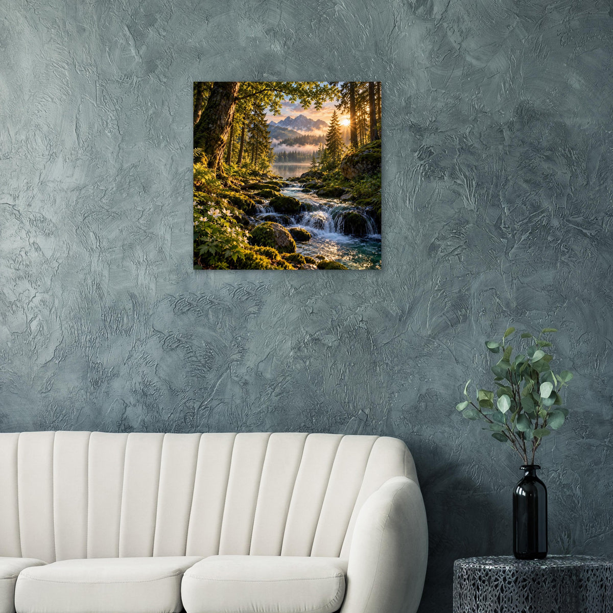 Wasserfall-Poster mit Waldfluss und goldenem Licht, quadratisch, auf mattem Premiumpapier