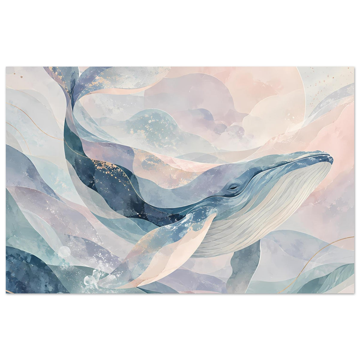 Wal-Kunstposter im Querformat mit abstrakter Wal- und Wellenillustration in Blau und Pastellrosa