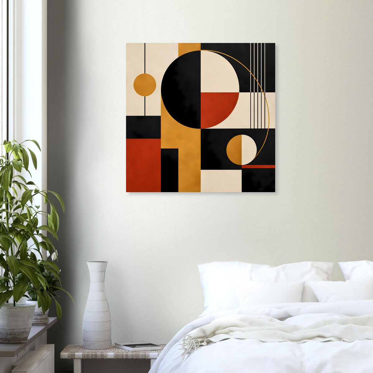Abstrakter Kunstdruck mit überlagerten Kreisen, Linien und Rechteckfeldern in Schwarz, Rot und Beige.