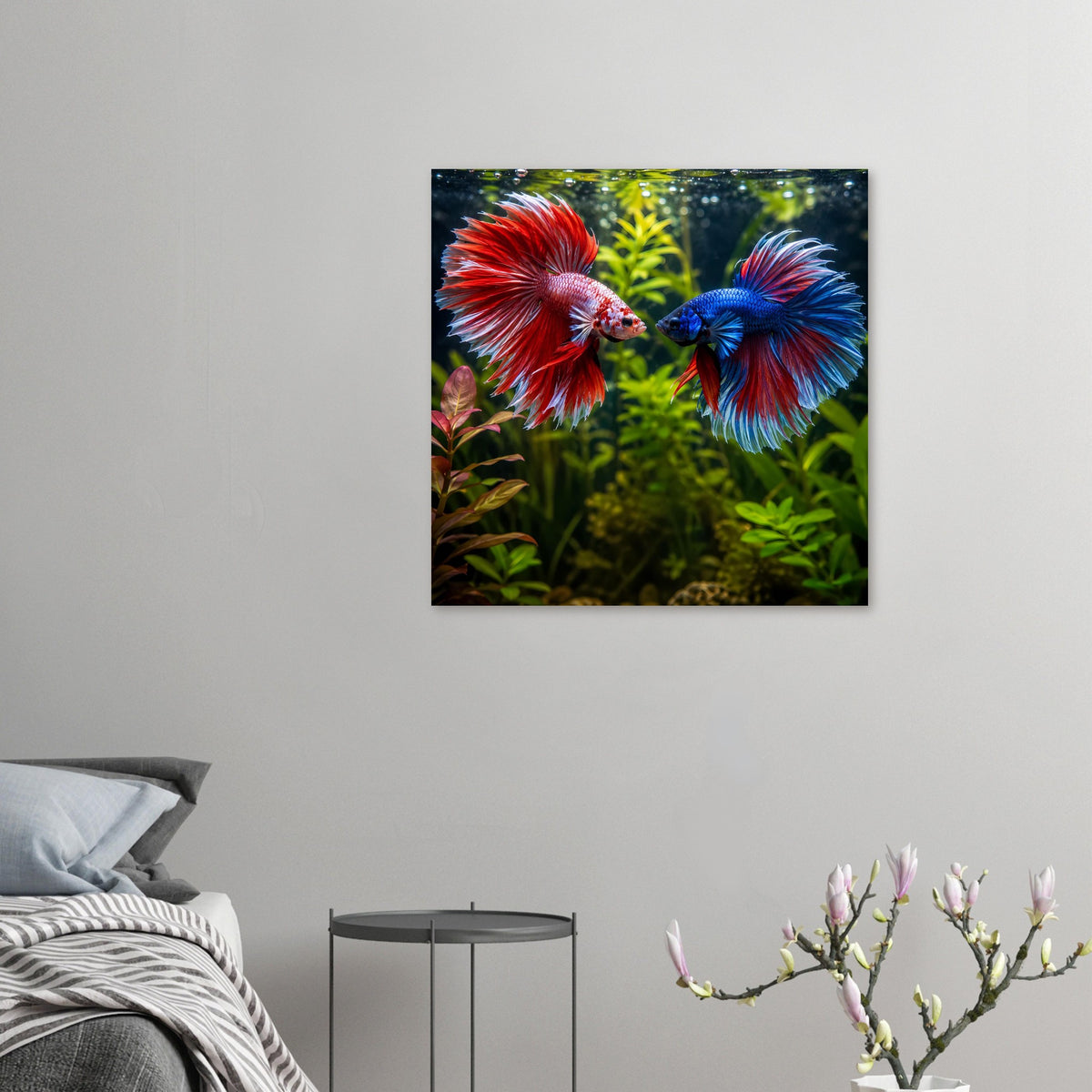 Kleines Kunstposter mit zwei Kampffischen, rot und blau, vor Wasserpflanzen.