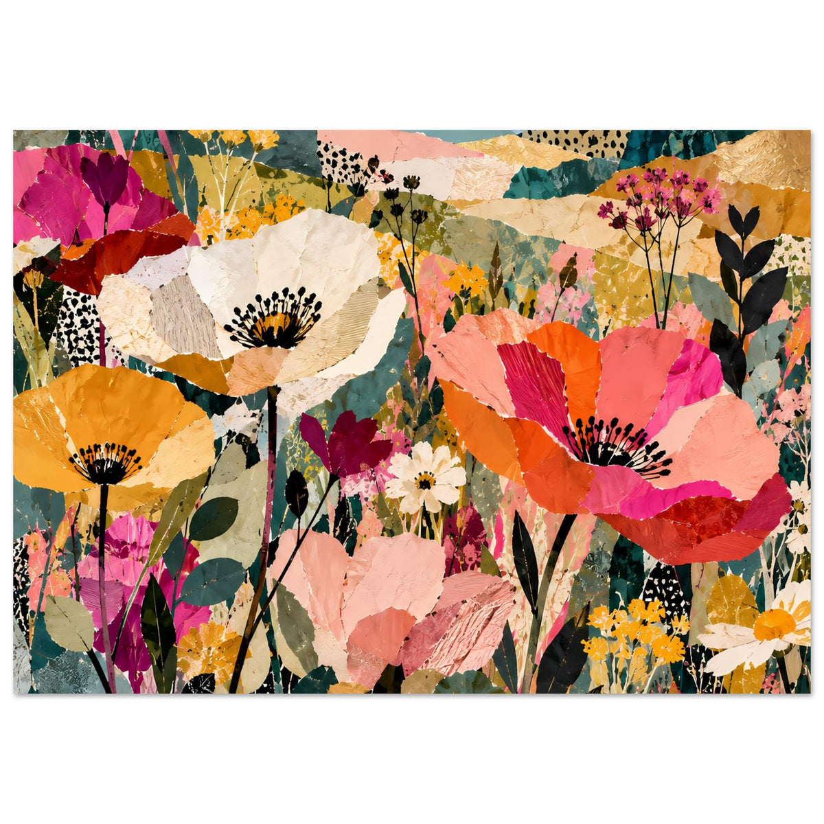 Buntes Blumen-Kollageposter, horizontale Ansicht mit mehrfarbigen Blüten und Blättern