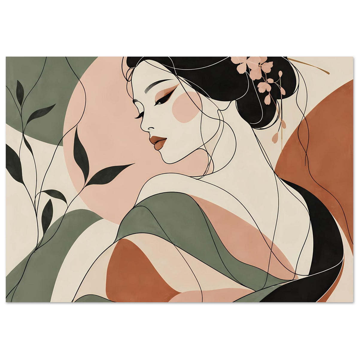 Zen-Geisha Poster mit Linienkunst: Seitenprofil der Frau, schwarze Haare, grüner Kimono, ruhige Linien