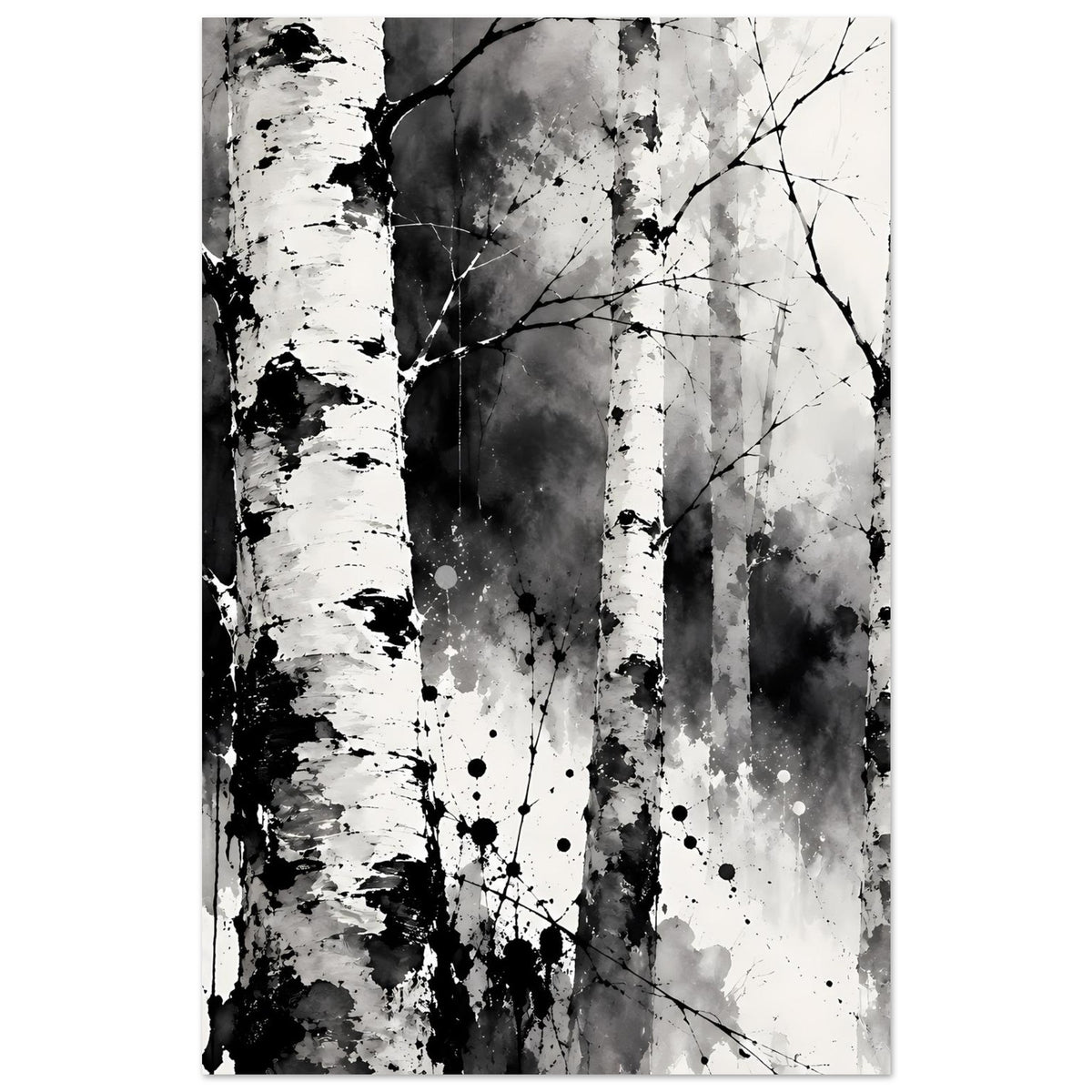 Vertikales Poster mit Birkenwald in Schwarzweiß, kontrastreiche Stämme und schwarze Äste