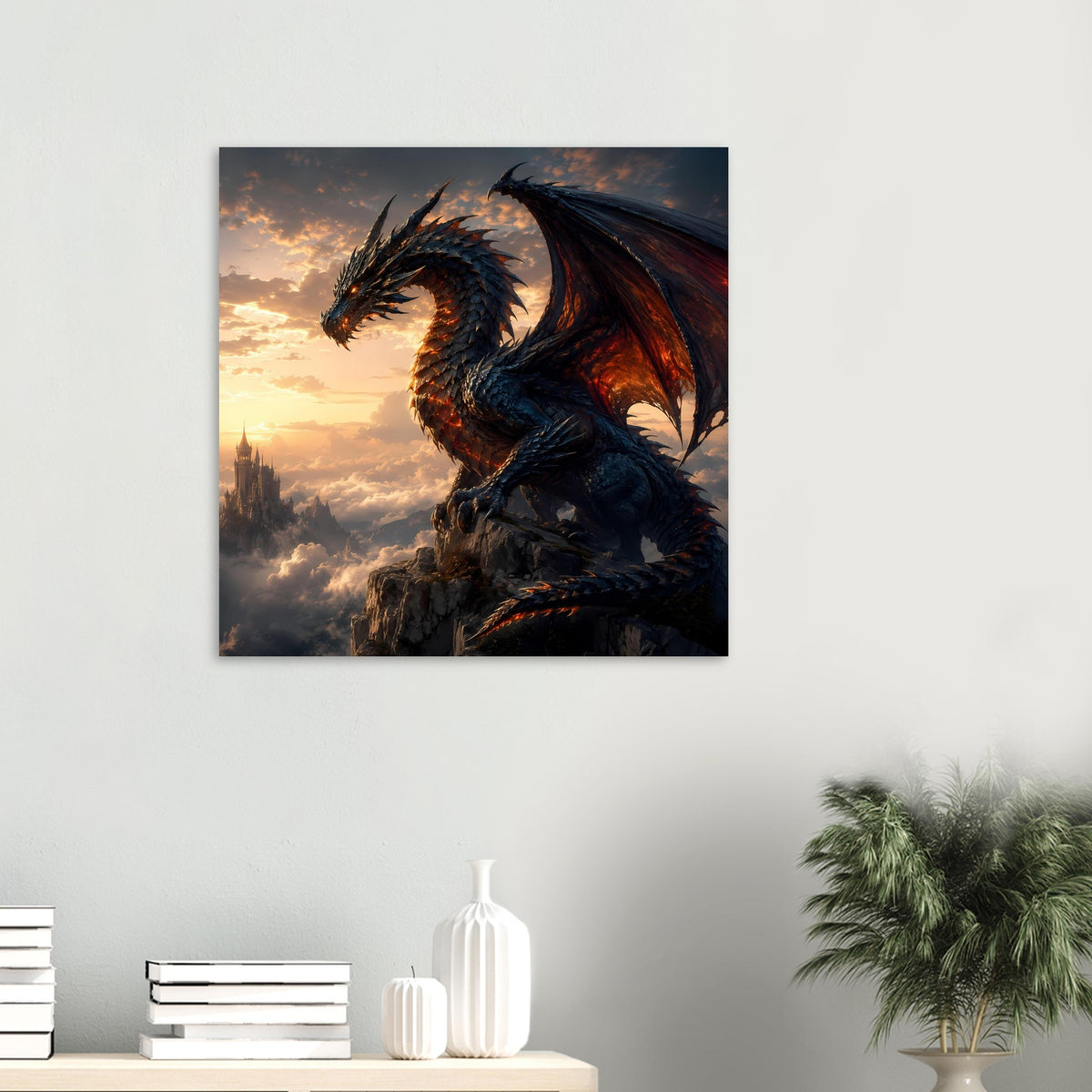 Drachenfantasy-Poster mit dunkelblauem und orangefarbenem Drachen vor Sonnenuntergangswolken