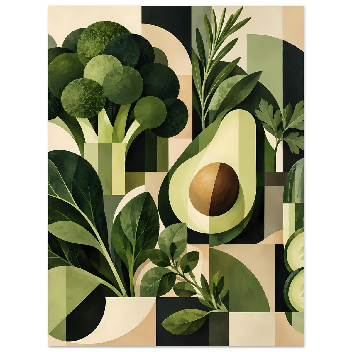 Geometrisches Poster mit grünen Gemüseformen, Avocado und Gurkenscheiben (hochformat).