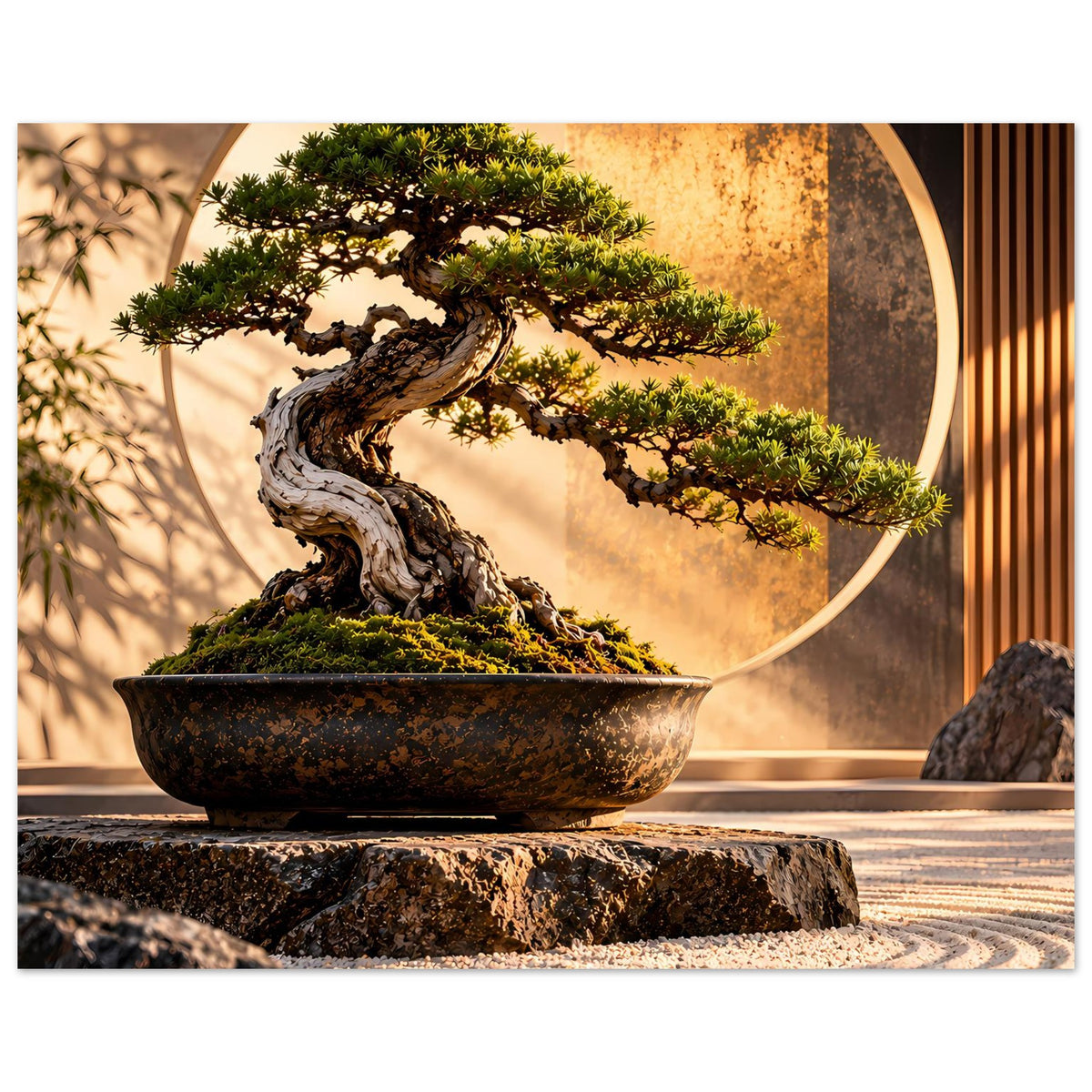 Posteransicht: Bonsai in dunkler Keramikschale vor rundem, goldfarbenem Bildrahmen