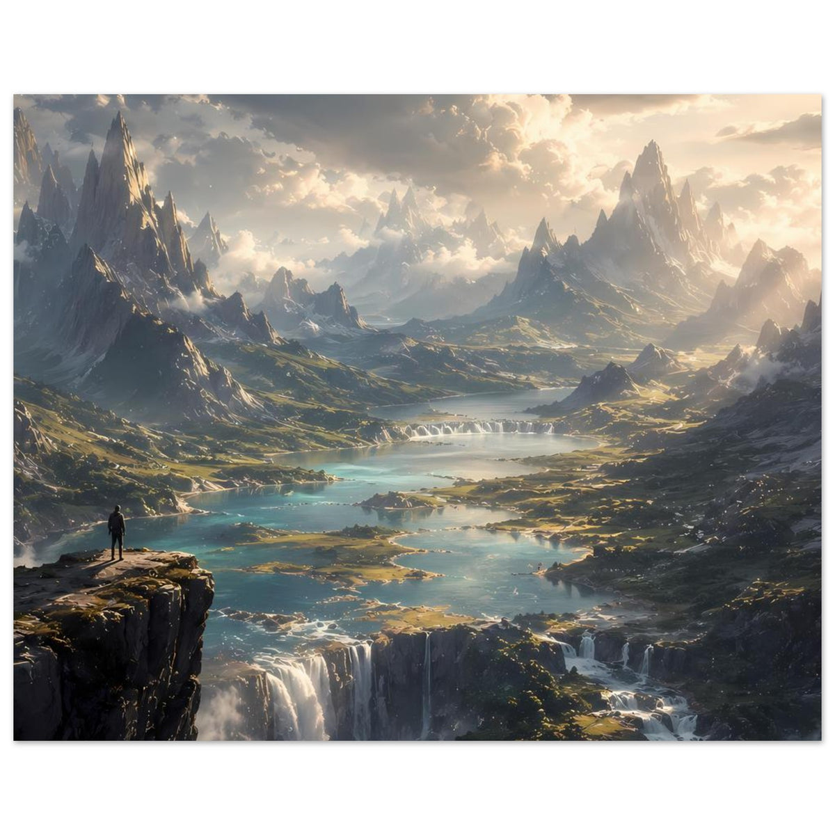 Gerahmter Berglandschaftsdruck mit Tal, Wasserfall und Person links auf dunklem Felsen