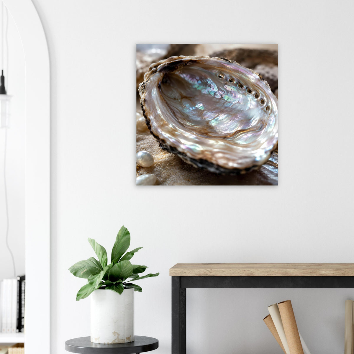 Quadratisches Poster mit Abalone-Muschel, glänzende Perlmutschichten und Muschelrand