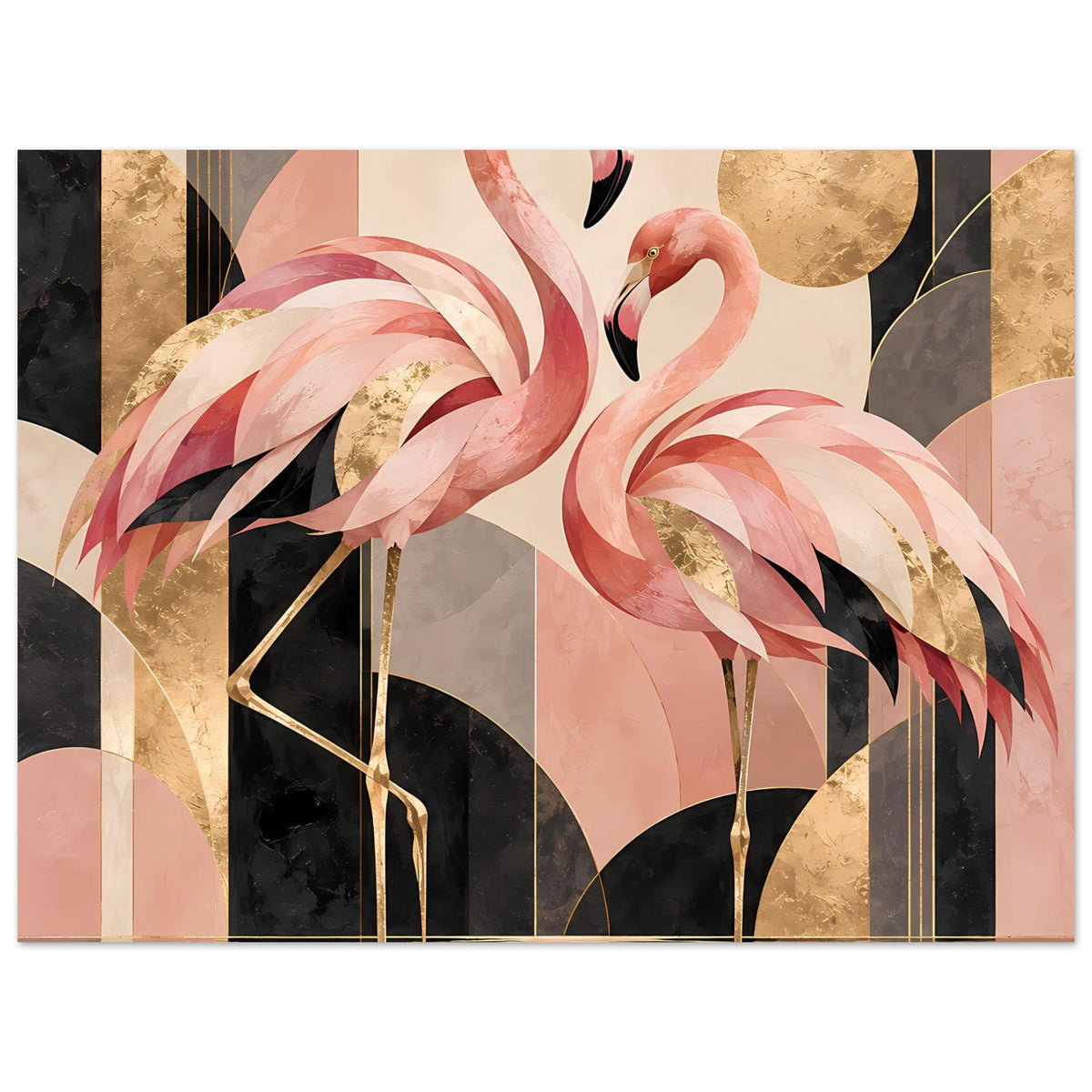 Zwei rosa Flamingos vor geometrischem Hintergrund mit Goldakzenten in Schwarz und Creme – Posteransicht 29