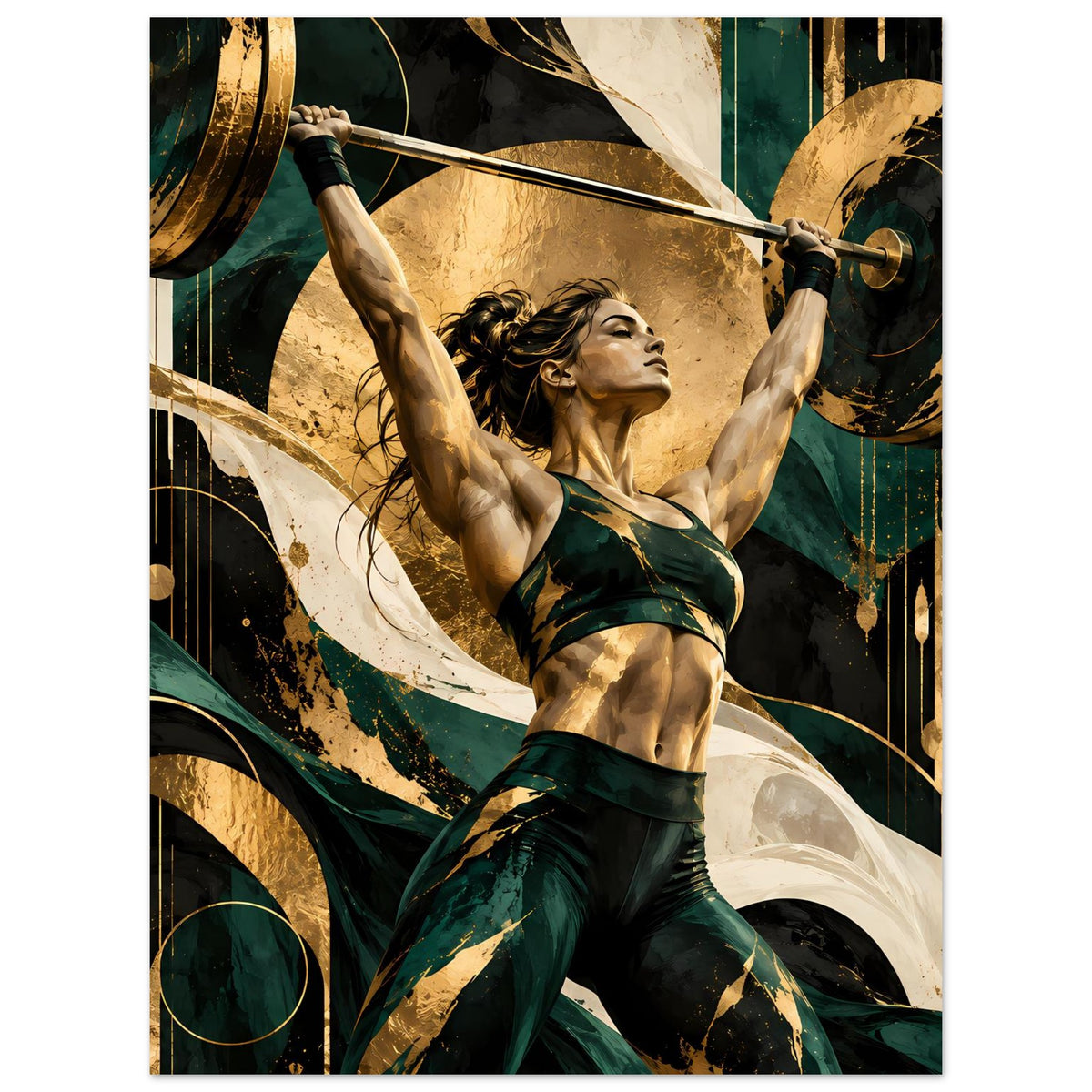 Kunstposter: Athletin hebt die Langhantel, abstrakte Linien und goldene Akzente im Grün